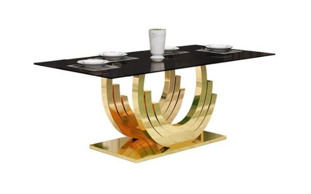 Fine Finish C-Shaped Steel Base Glossy Glass Top Dining Table - Lixra