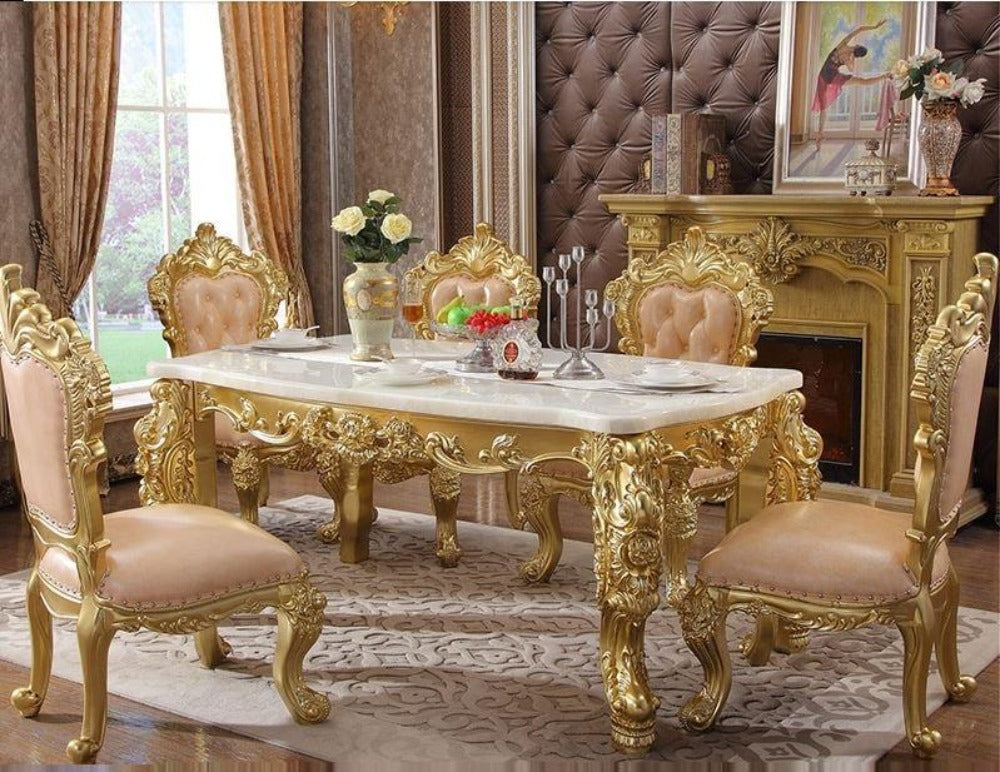 Royal Antique Style Luxurious Wooden Finish Marble Top Dining Table Set - Lixra