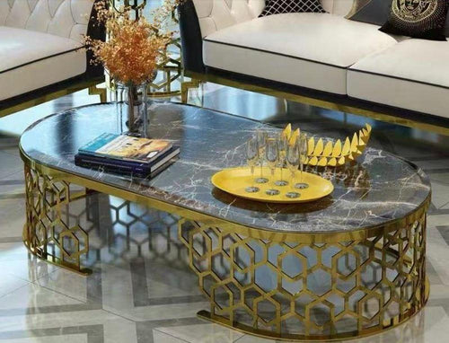 Rustic Steel Base Modern Designed Marble Top Coffee Table - Lixra