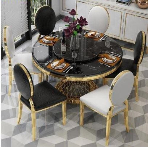 Metallic Finish Round Shaped Marble Dining Table Set - Lixra