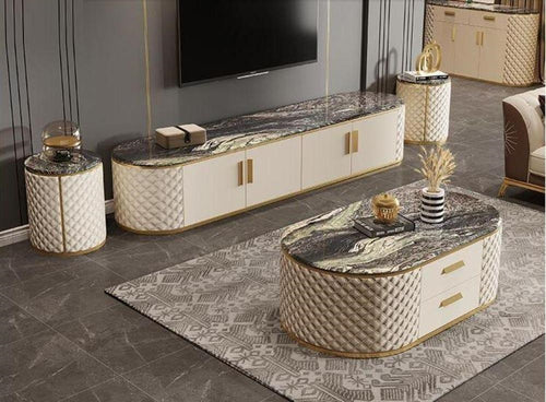 Modern Italian Designed Matching Marble Top Coffee Table, TV Stand & Side Table / Lixra