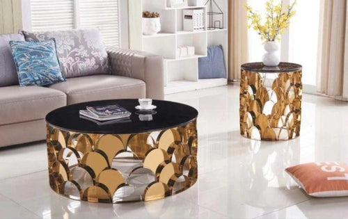 Golden Finish Modern Marble Coffee Table / Lixra