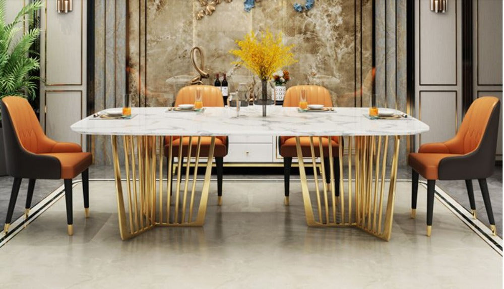 Splendid Decorous Stainless Steel Construct Marble Top Dining Table Set - Lixra