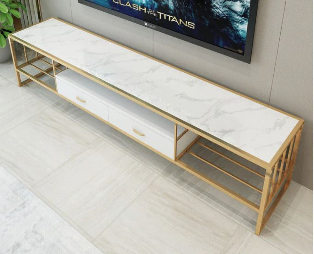 Multifunctional Entertainment Centre Stainless Steel Construct Marble Top TV Stand - Lixra