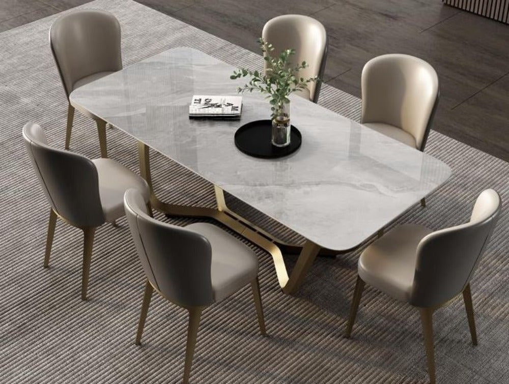 Light Luxury Glossy Finish Marble Top Dining Table Set - Lixra