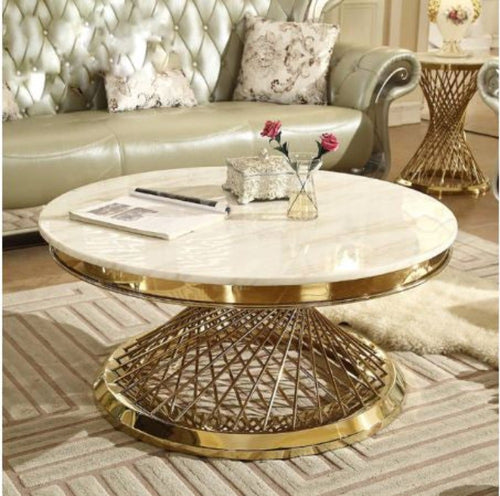 Italian Style Fine Finish Metallic Base Marble Top Coffee Table - Lixra