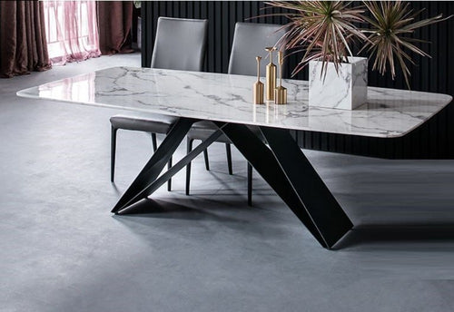 V-Shaped Base Minimalistic Style Sleek Designed Marble Top Dining Table - Lixra