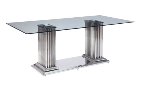 Rustic Magnificent Look Pillar Base Rectangular Shaped Glass Top Dining Table - Lixra