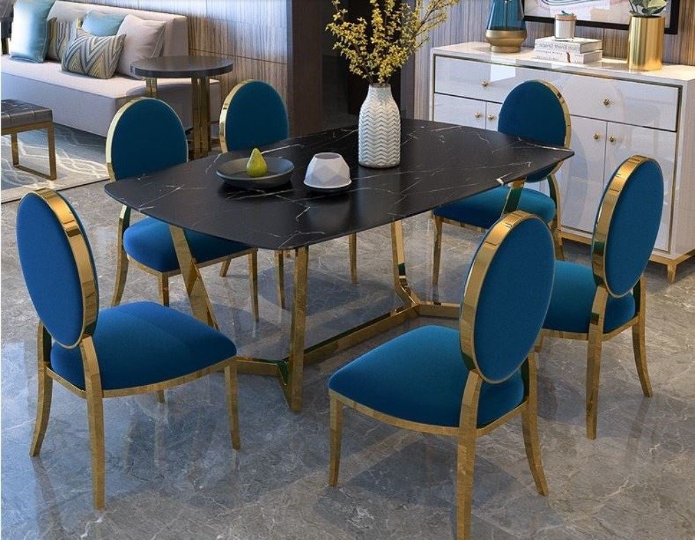 Gold Finish Sumptuous Marble-Top Dining Table Set / Lixra