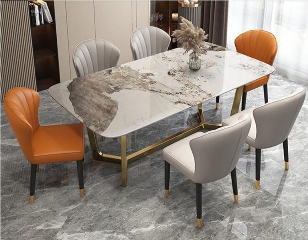 European Style Steel Construct Marble Top Dining Table Set - Lixra