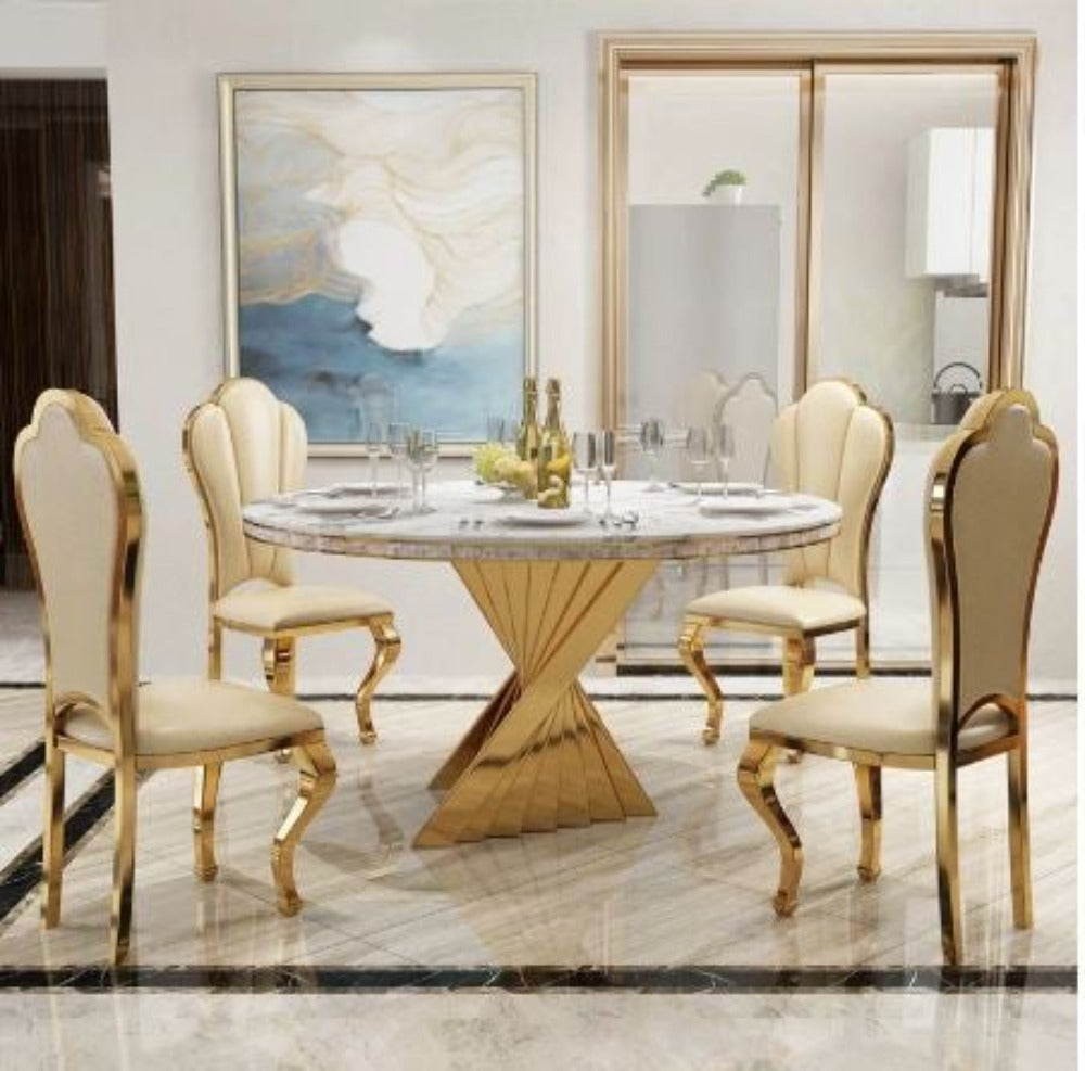Contemporary Modernistic Look Golden Finish Marble Top Dining Table Set - Lixra